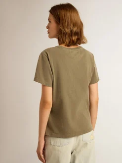 New Golden Goose Camiseta feminina verde-oliva com inscrição Golden Golden Collection