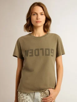 New Golden Goose Camiseta feminina verde-oliva com inscrição Golden Golden Collection