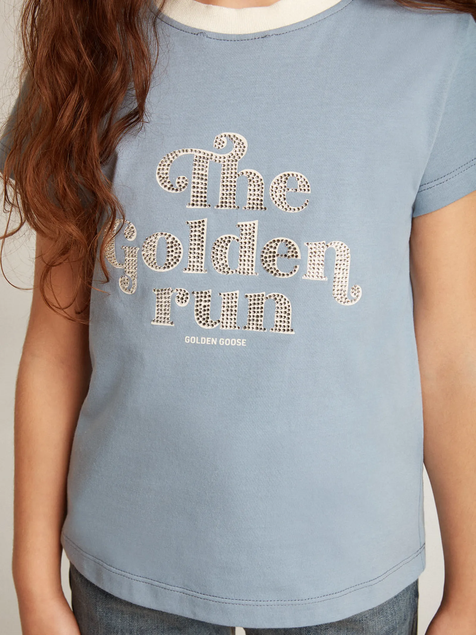 Cheap Golden Goose Camiseta infantil feminina de algodão azul com estampa com cristais Coleção Journey