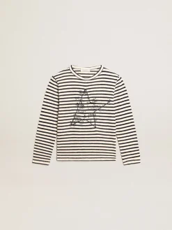 Store Golden Goose Camiseta infantil masculina com listras brancas e azuis e bordado Cor: branco e azul