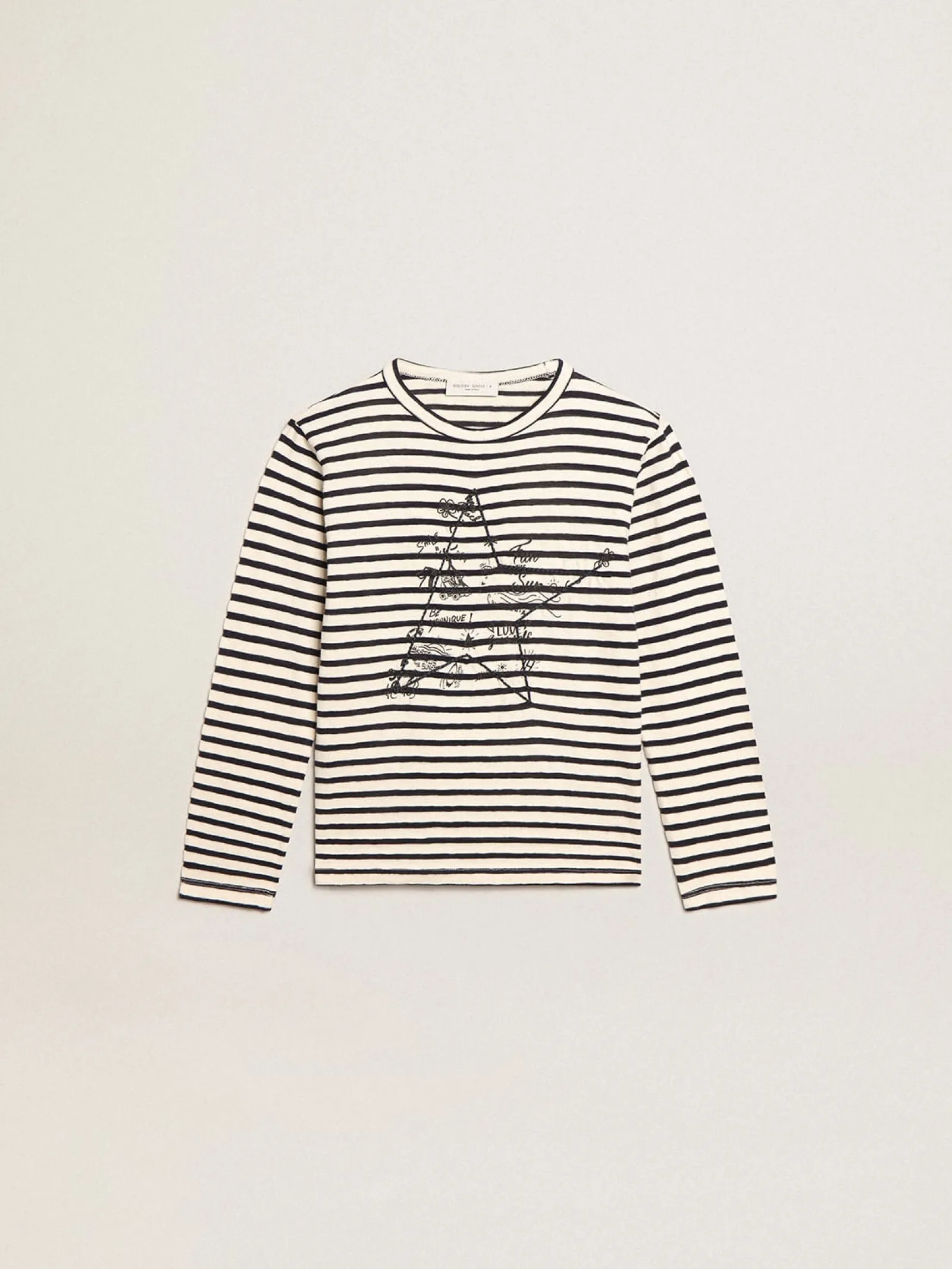 Store Golden Goose Camiseta infantil masculina com listras brancas e azuis e bordado Cor: branco e azul