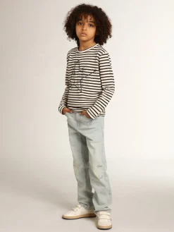 Store Golden Goose Camiseta infantil masculina com listras brancas e azuis e bordado Cor: branco e azul