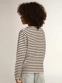Store Golden Goose Camiseta infantil masculina com listras brancas e azuis e bordado Cor: branco e azul