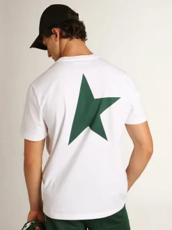 Clearance Golden Goose Camiseta masculina branca com logo e estrela verdes em contraste Cor: branco óptico