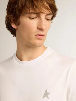 Online Golden Goose Camiseta masculina branca com estrela de glitter prateado na frente Cor: branco