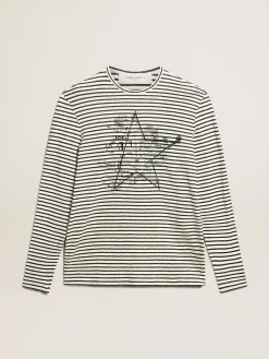 Store Golden Goose Camiseta masculina com listras brancas e azuis e bordado na frente Cor: branco e azul