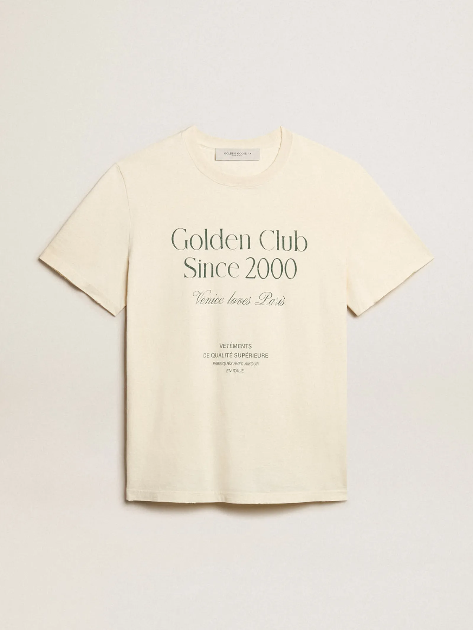Best Sale Golden Goose Camiseta masculina de algodão branco usado com escrita verde Coleção Journey
