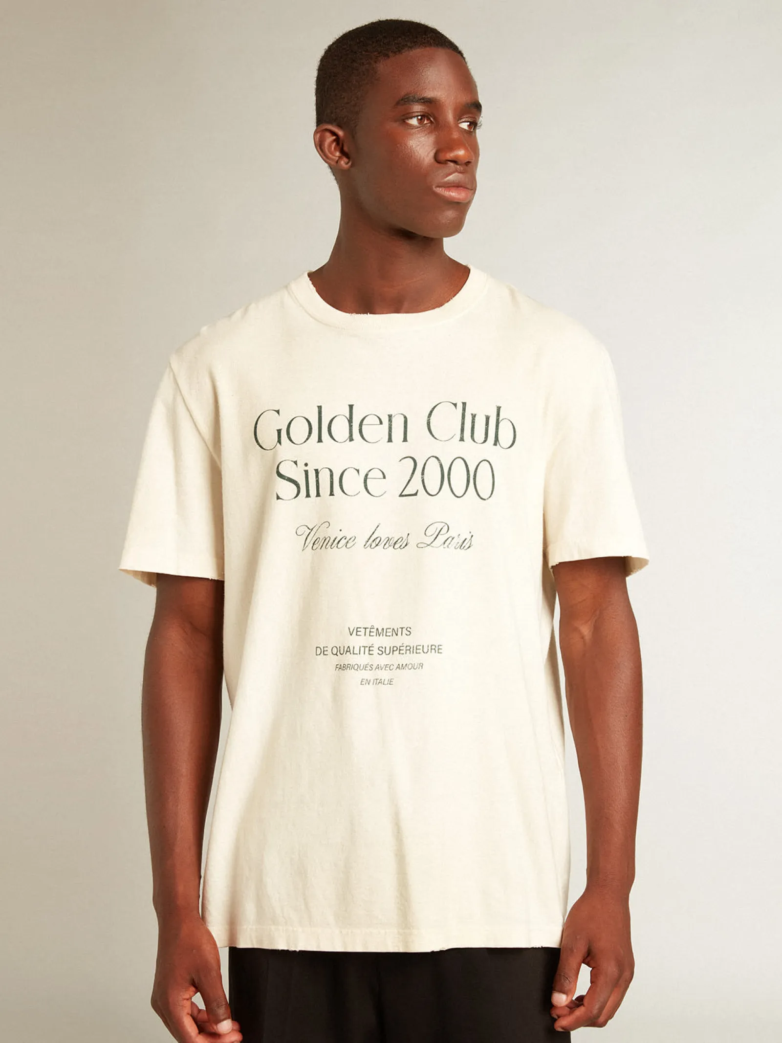 Best Sale Golden Goose Camiseta masculina de algodão branco usado com escrita verde Coleção Journey