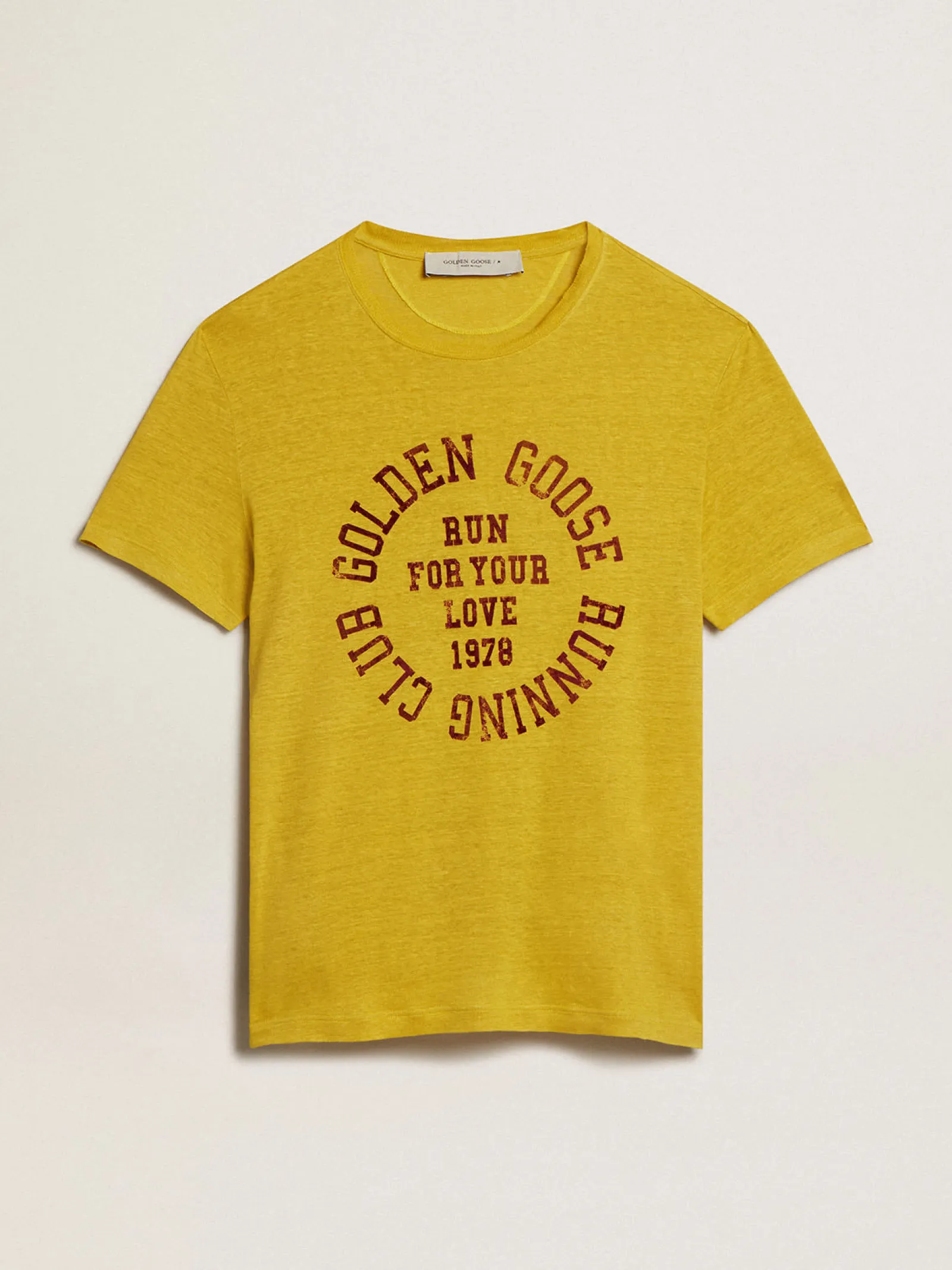Outlet Golden Goose Camiseta masculina de linho amarelo milho Coleção Journey