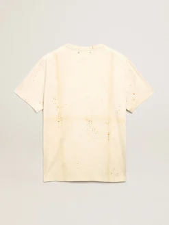 Cheap Golden Goose Camiseta masculina marfim com inscrição e detalhes desgastados Cor: marfim