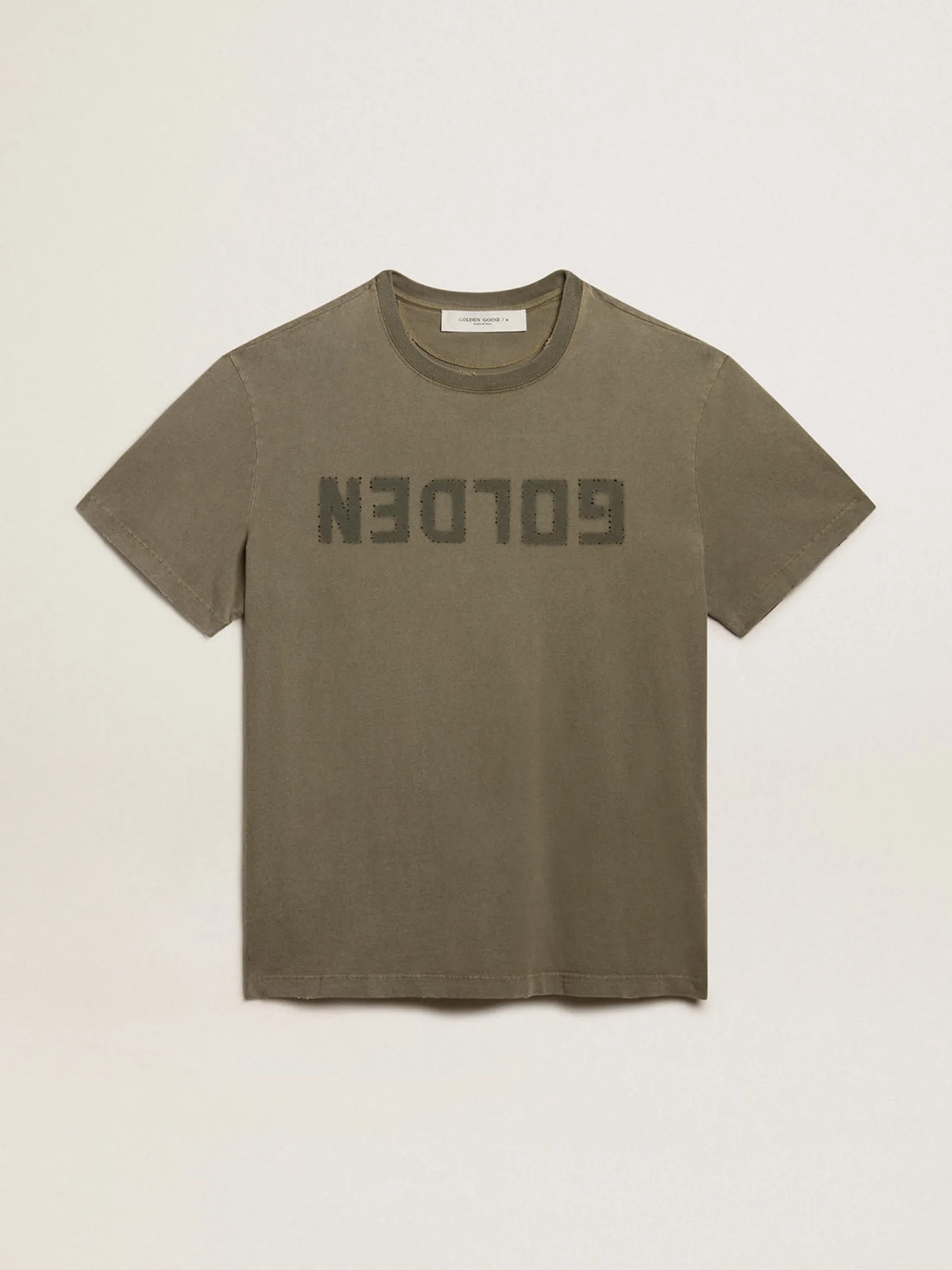 Fashion Golden Goose Camiseta masculina verde-oliva com inscrição Golden Cor: verde-oliva