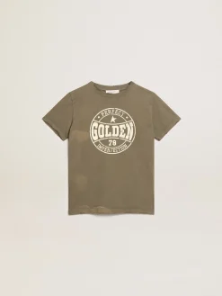 Online Golden Goose Camiseta verde-oliva infantil masculina com logo branco no centro Golden Collection