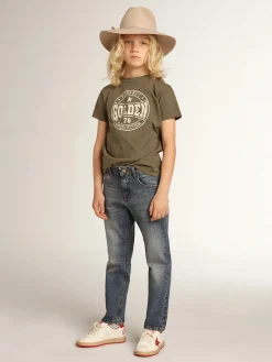 Online Golden Goose Camiseta verde-oliva infantil masculina com logo branco no centro Golden Collection