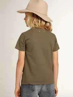 Online Golden Goose Camiseta verde-oliva infantil masculina com logo branco no centro Golden Collection