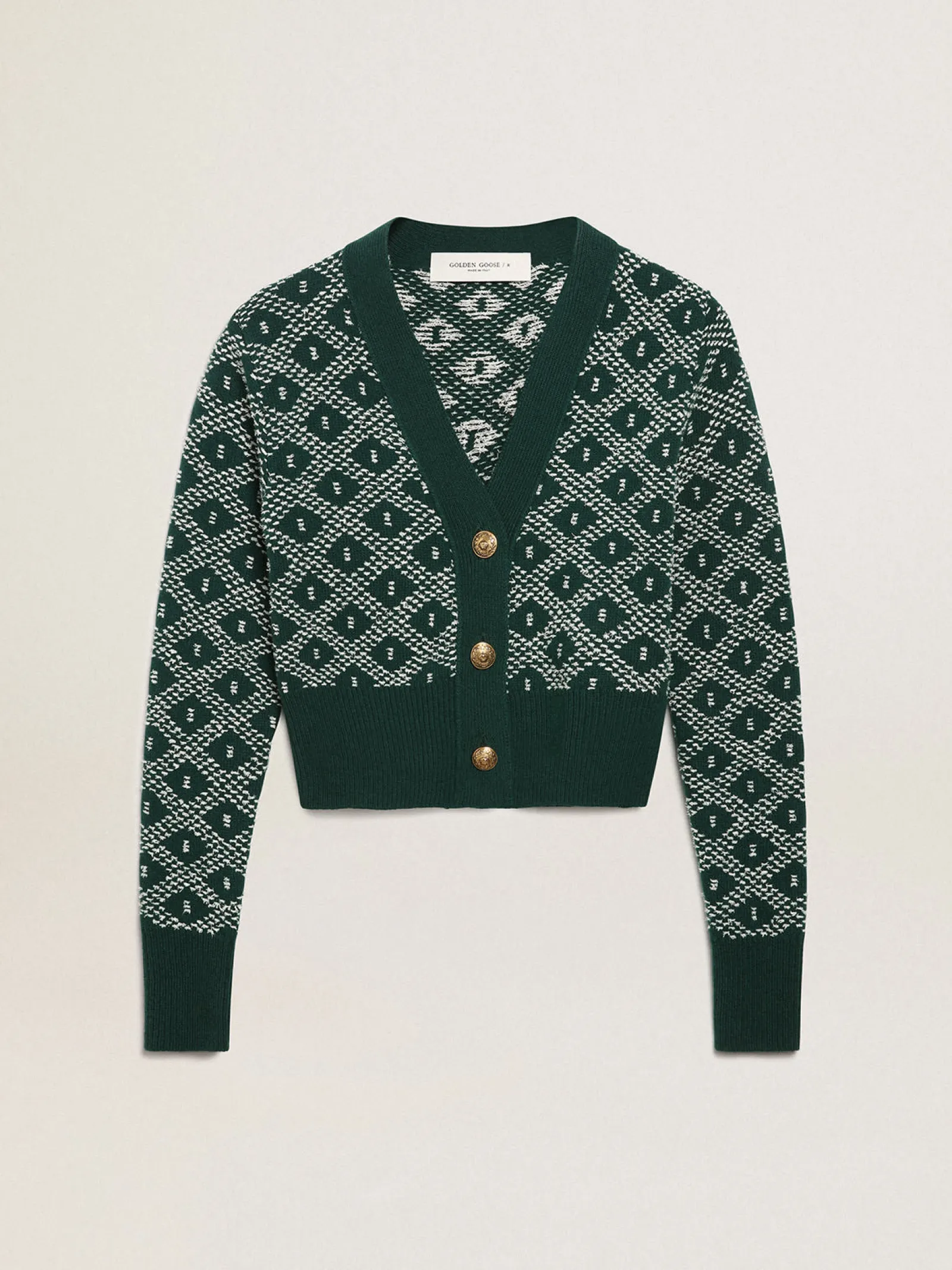Flash Sale Golden Goose Cardigã cropped feminino com jacquard em losangos verde e branco Cor: verde e branco