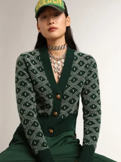 Flash Sale Golden Goose Cardigã cropped feminino com jacquard em losangos verde e branco Cor: verde e branco