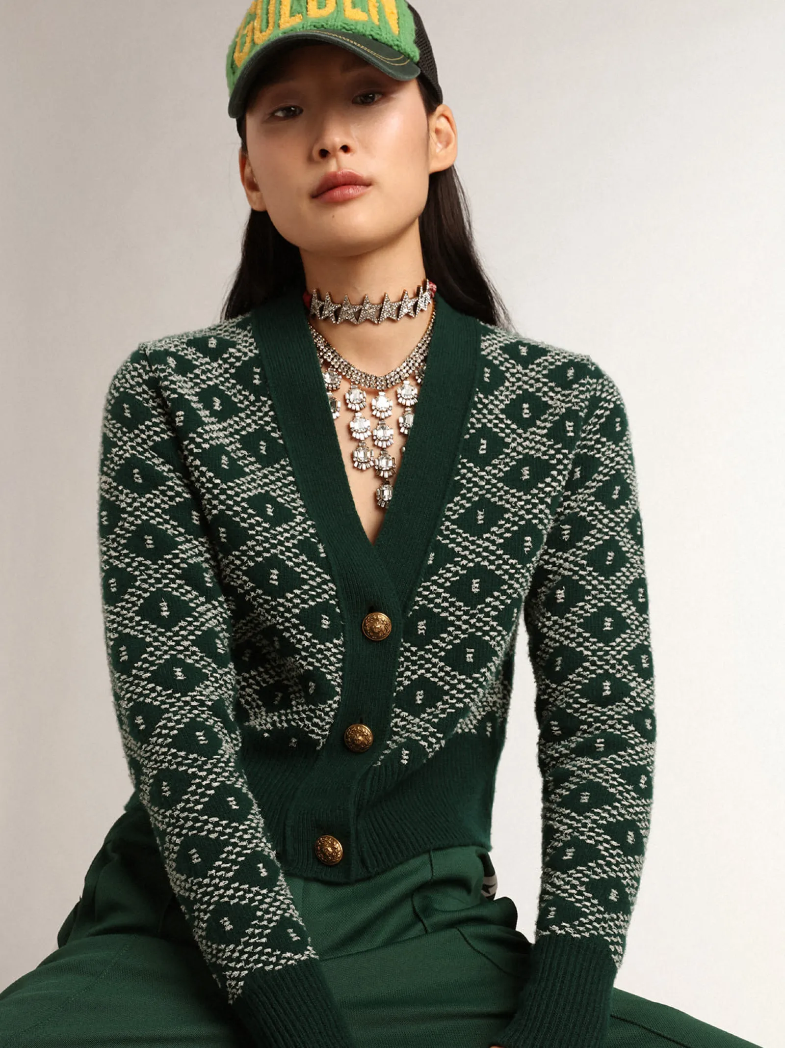 Flash Sale Golden Goose Cardigã cropped feminino com jacquard em losangos verde e branco Cor: verde e branco