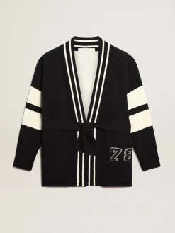 Sale Golden Goose Cardigã feminino azul com cinto e inscrição nas costas Cor: azul