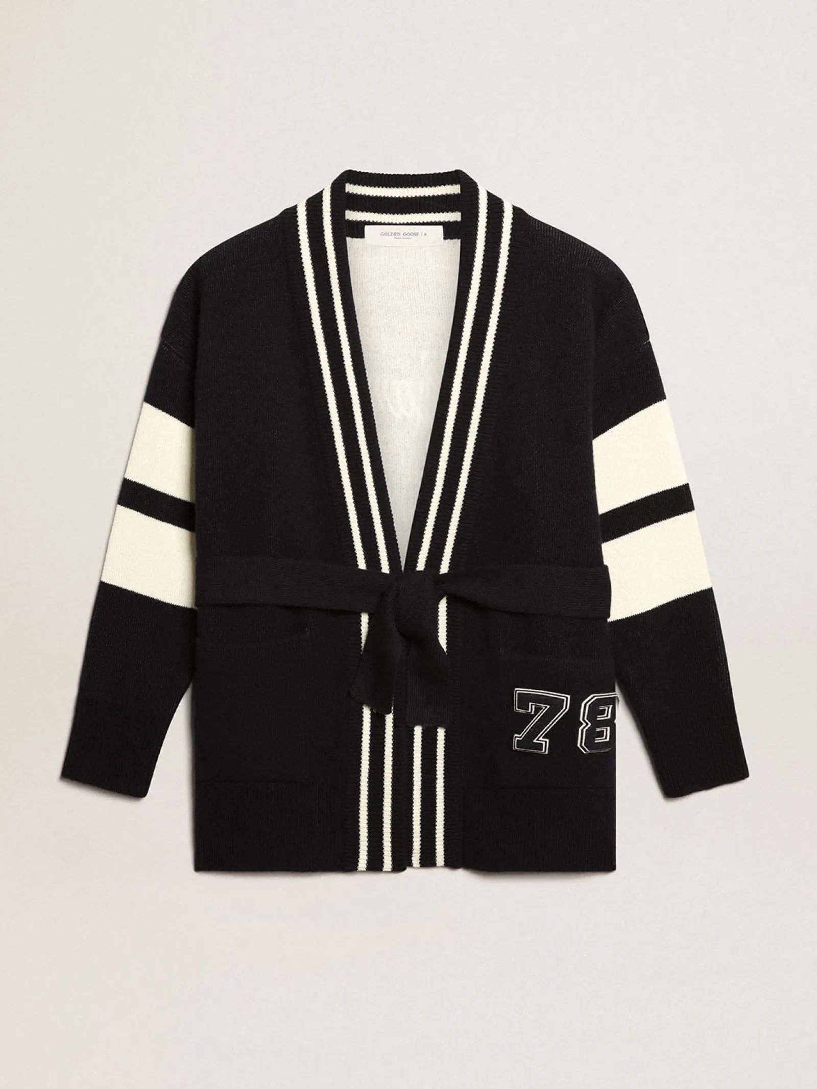 Sale Golden Goose Cardigã feminino azul com cinto e inscrição nas costas Cor: azul