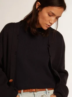 Outlet Golden Goose Cardigã feminino de algodão azul-escuro com tratamento desgastado Golden Collection