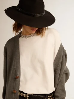 Cheap Golden Goose Cardigã feminino de algodão cinza mescla com logo nas costas Cor: cinza mescla escuro