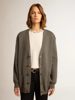 Cheap Golden Goose Cardigã feminino de algodão cinza mescla com logo nas costas Cor: cinza mescla escuro