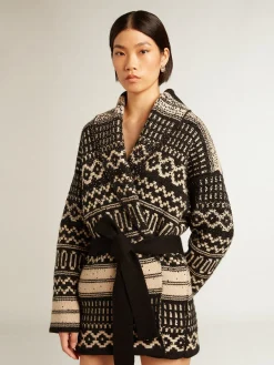 Online Golden Goose Cardigã feminino de lã na cor cru com padrão jacquard e cinto Cor: cru e preto