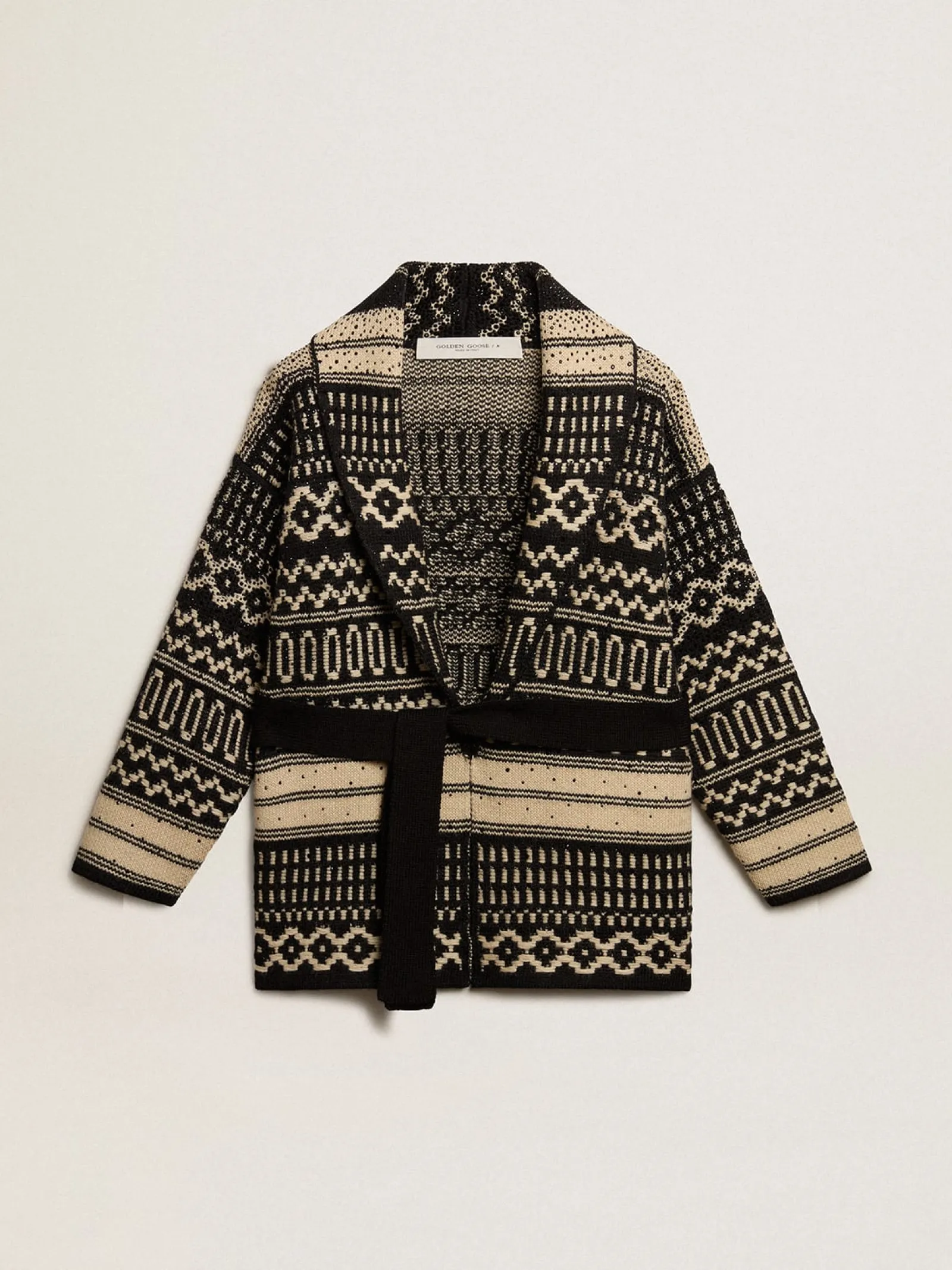 Online Golden Goose Cardigã feminino de lã na cor cru com padrão jacquard e cinto Cor: cru e preto