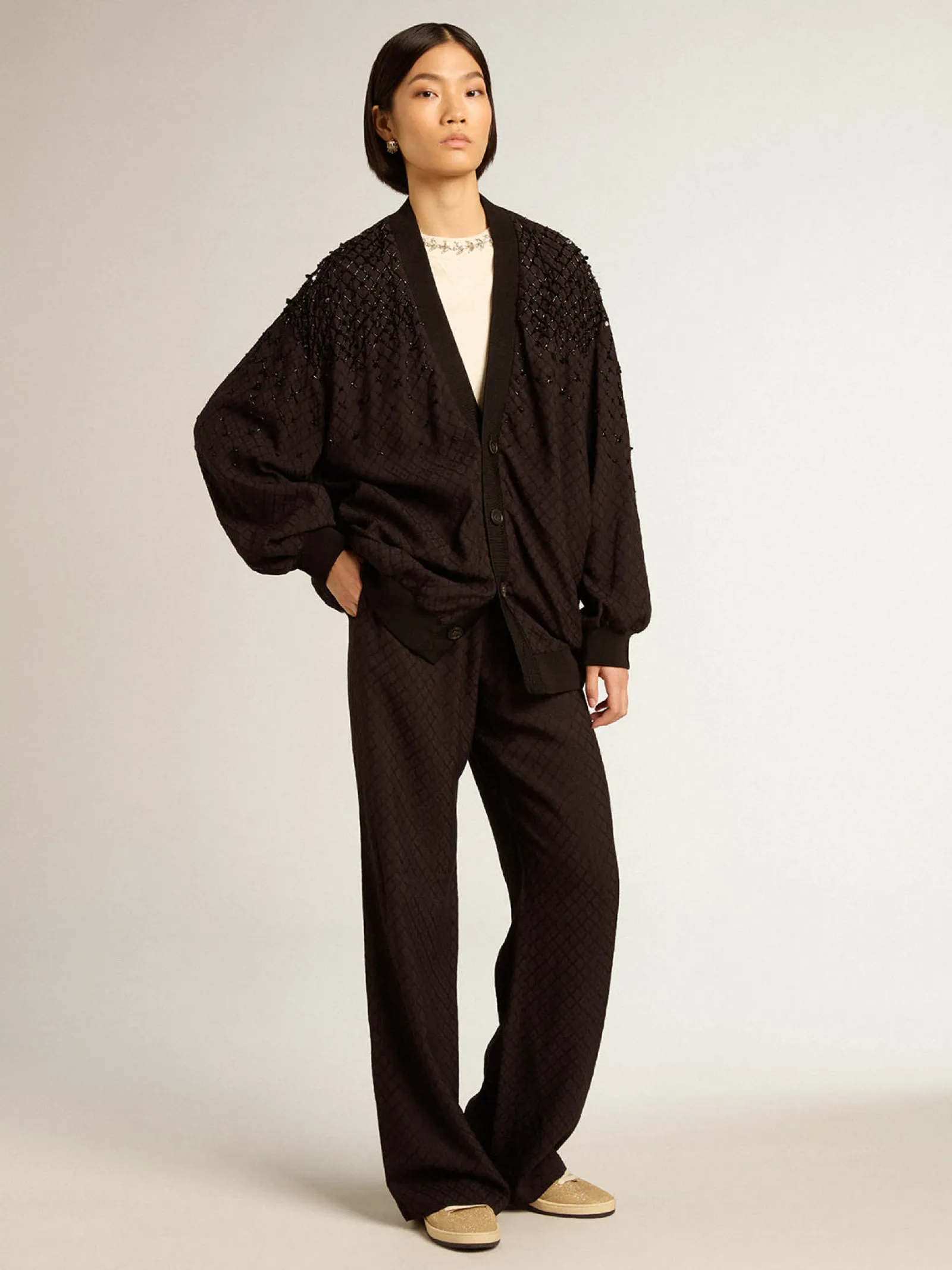 Flash Sale Golden Goose Cardigã feminino preto com bordado degradê Coleção Journey