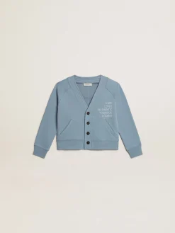 Clearance Golden Goose Cardigã infantil feminino de algodão azul com escrita de miçangas Coleção Journey