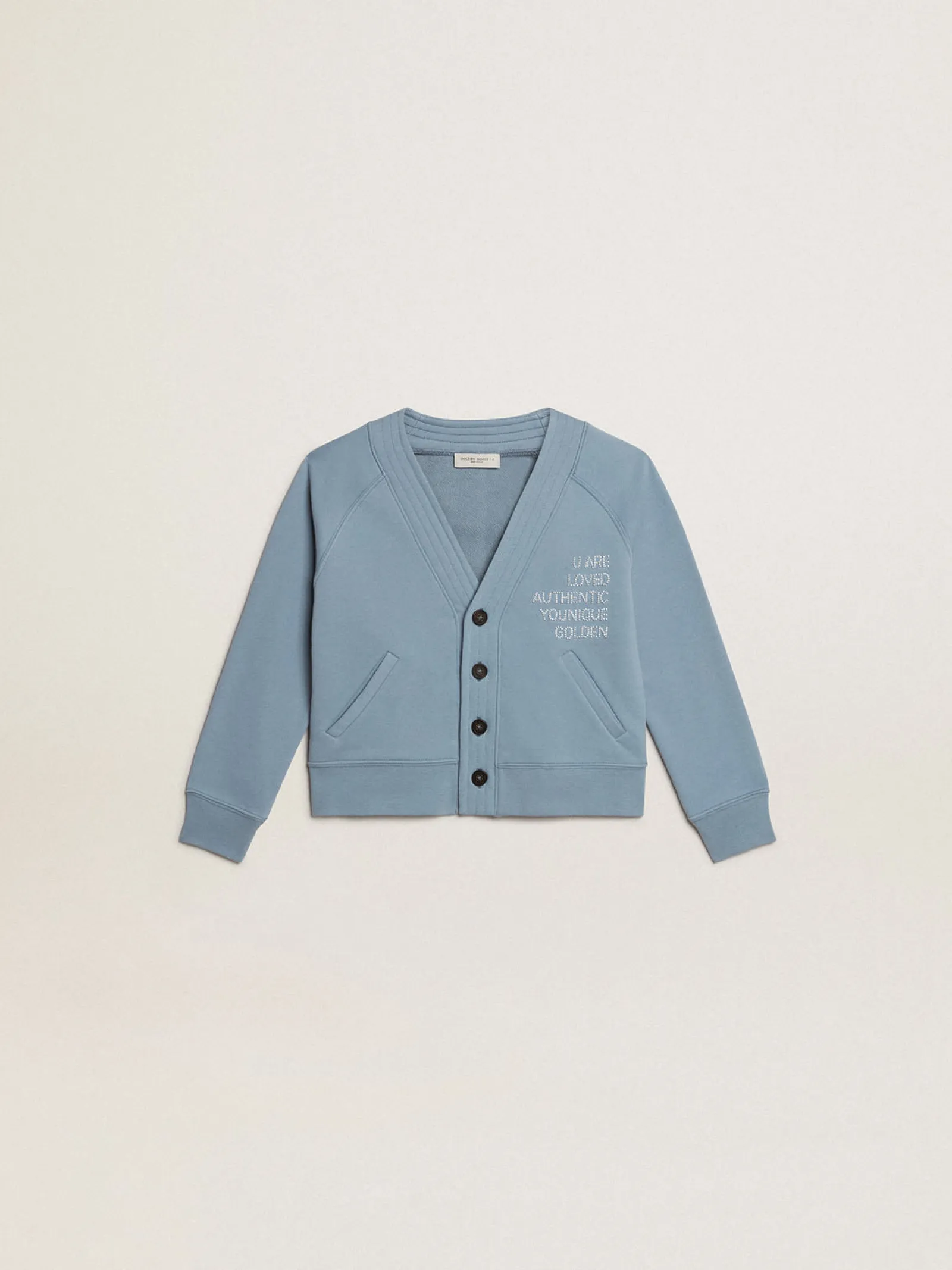 Clearance Golden Goose Cardigã infantil feminino de algodão azul com escrita de miçangas Coleção Journey
