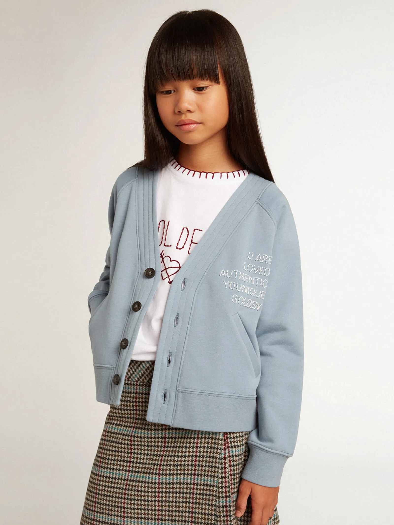 Clearance Golden Goose Cardigã infantil feminino de algodão azul com escrita de miçangas Coleção Journey