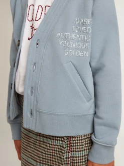 Clearance Golden Goose Cardigã infantil feminino de algodão azul com escrita de miçangas Coleção Journey