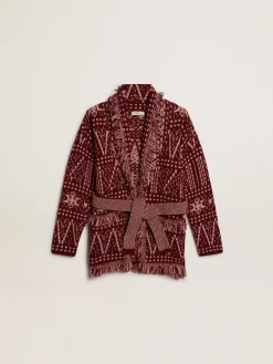 Discount Golden Goose Cardigã infantil feminino com cinto e estampa fair isle bordô Coleção Journey