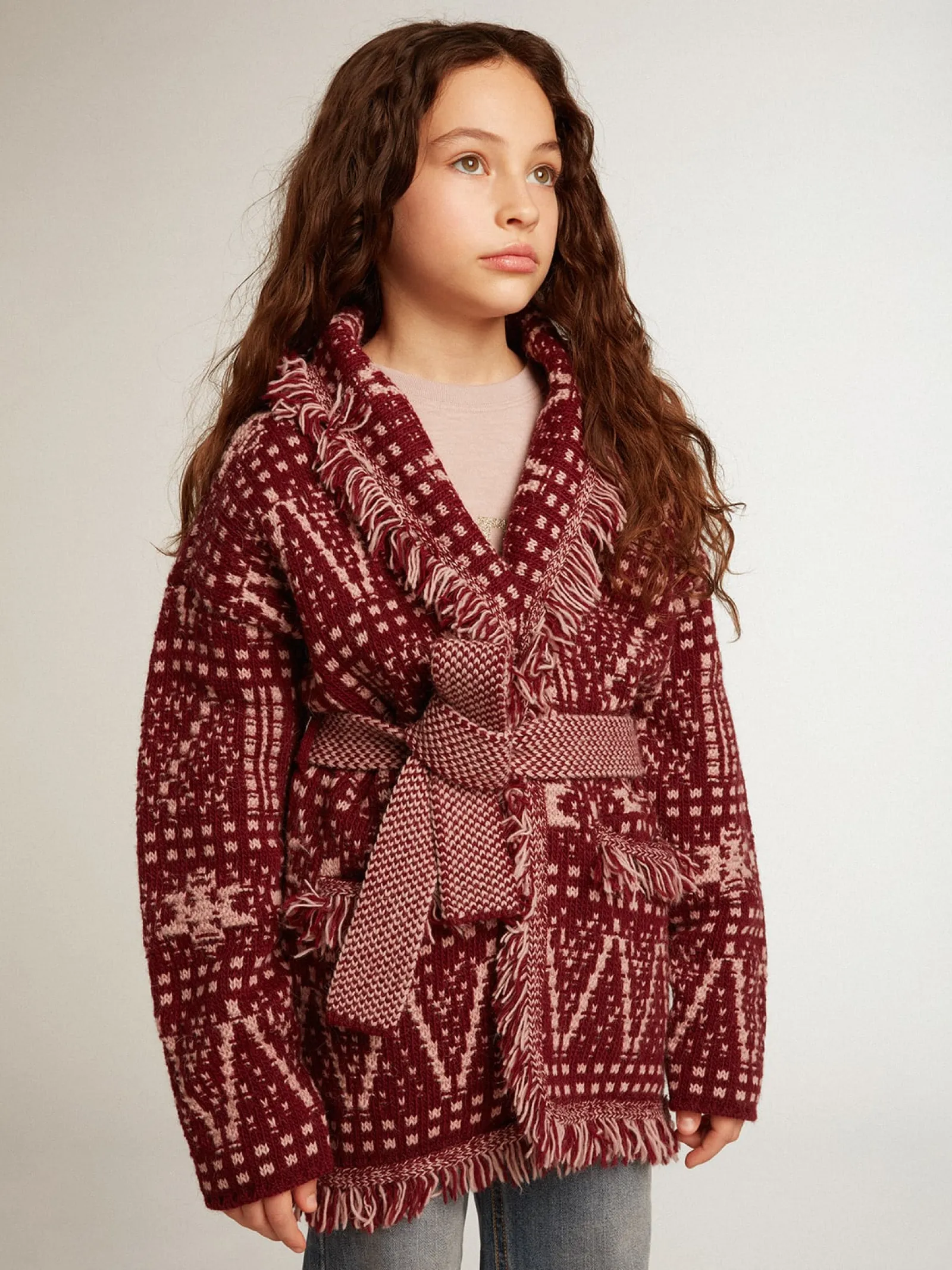 Discount Golden Goose Cardigã infantil feminino com cinto e estampa fair isle bordô Coleção Journey