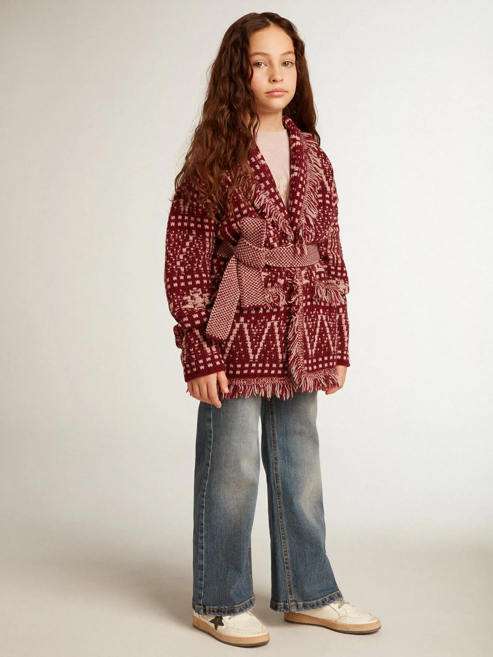 Discount Golden Goose Cardigã infantil feminino com cinto e estampa fair isle bordô Coleção Journey