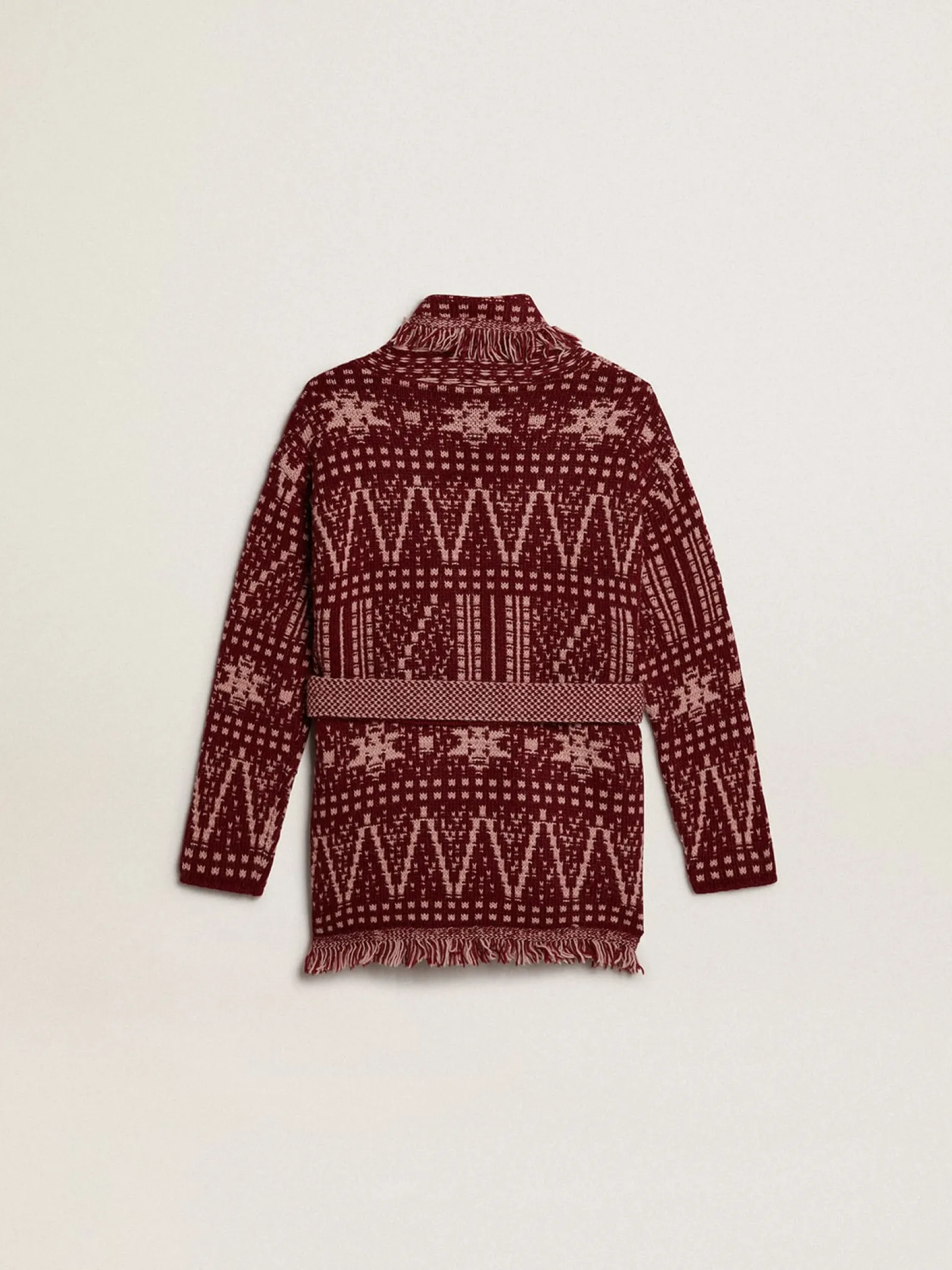 Discount Golden Goose Cardigã infantil feminino com cinto e estampa fair isle bordô Coleção Journey