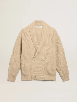 Discount Golden Goose Cardigã masculino de abotoamento duplo de lã bege com patches de couro Cor: bege claro