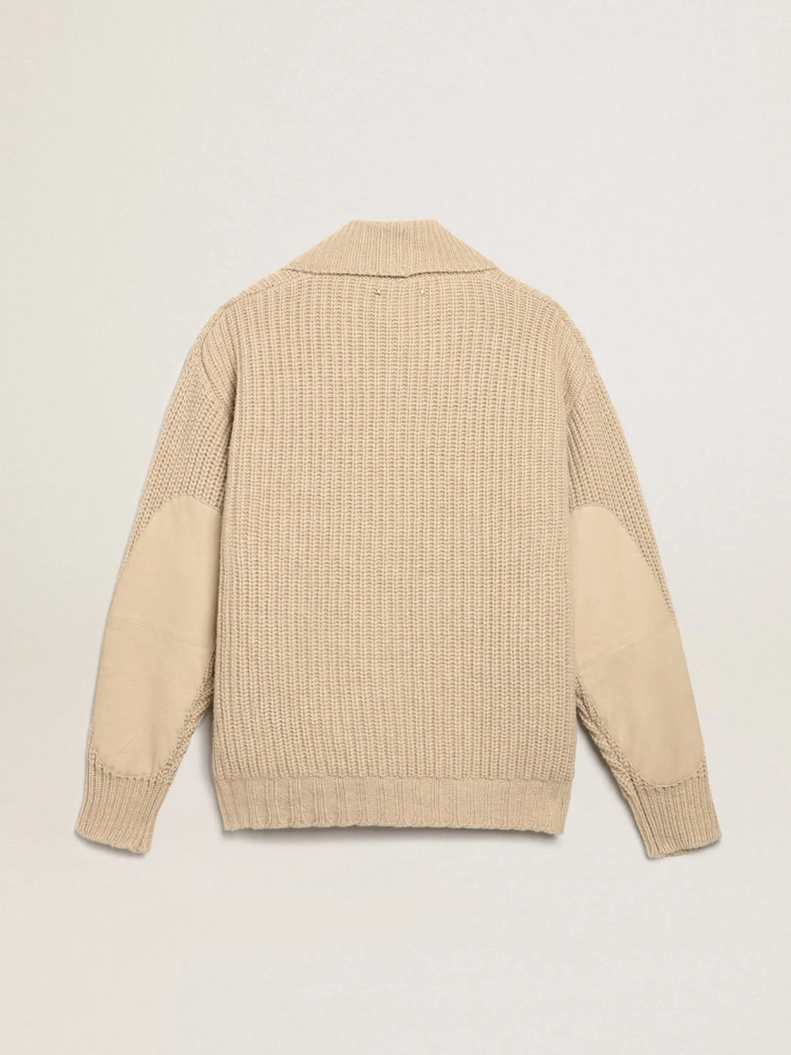Discount Golden Goose Cardigã masculino de abotoamento duplo de lã bege com patches de couro Cor: bege claro