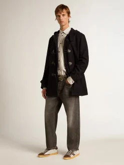 Fashion Golden Goose Casaco Duffle de lã azul-escura com capuz e fecho de sapo Golden Collection