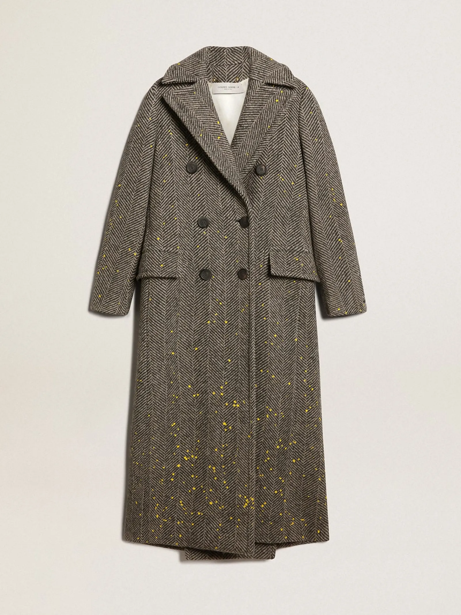 Best Golden Goose Casaco longo feminino espinha de peixe com detalhes amarelos Cor: cinza antracite