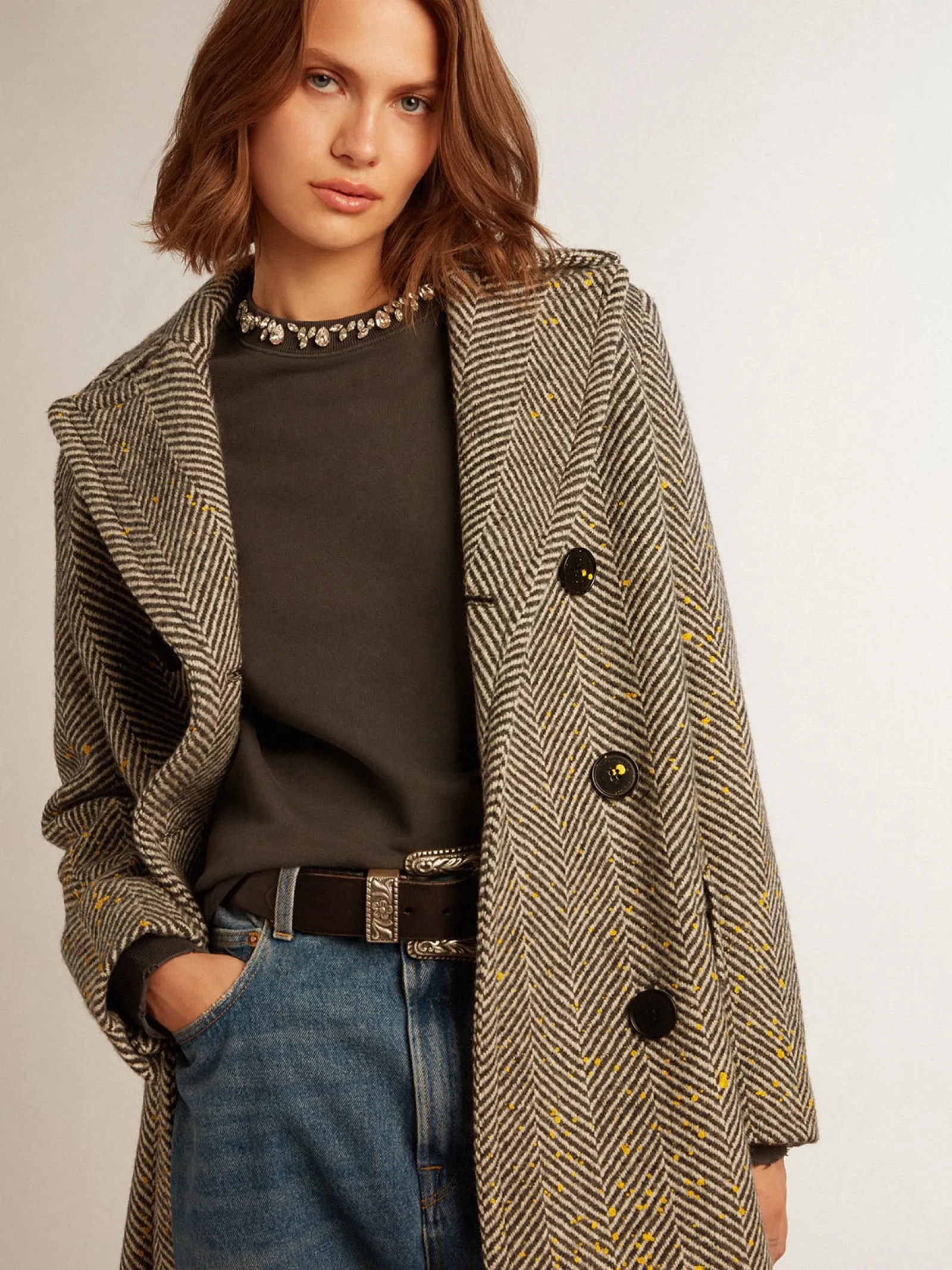 Best Golden Goose Casaco longo feminino espinha de peixe com detalhes amarelos Cor: cinza antracite