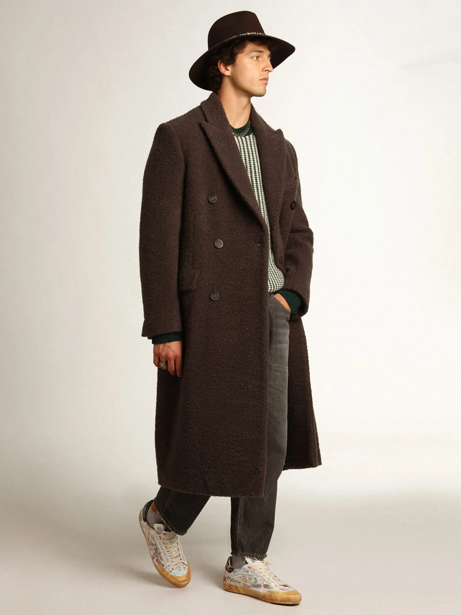 Sale Golden Goose Casaco masculino de abotoamento duplo de lã buclé cor alcaçuz Cor: alcaçuz