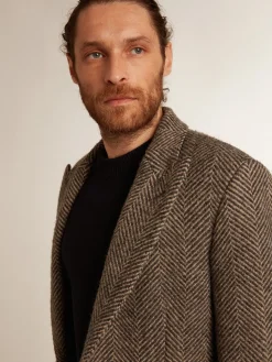 Sale Golden Goose Casaco masculino de abotoamento simples de lã com trama espinha de peixe bege e cinza Cor: bege e cinza antracite