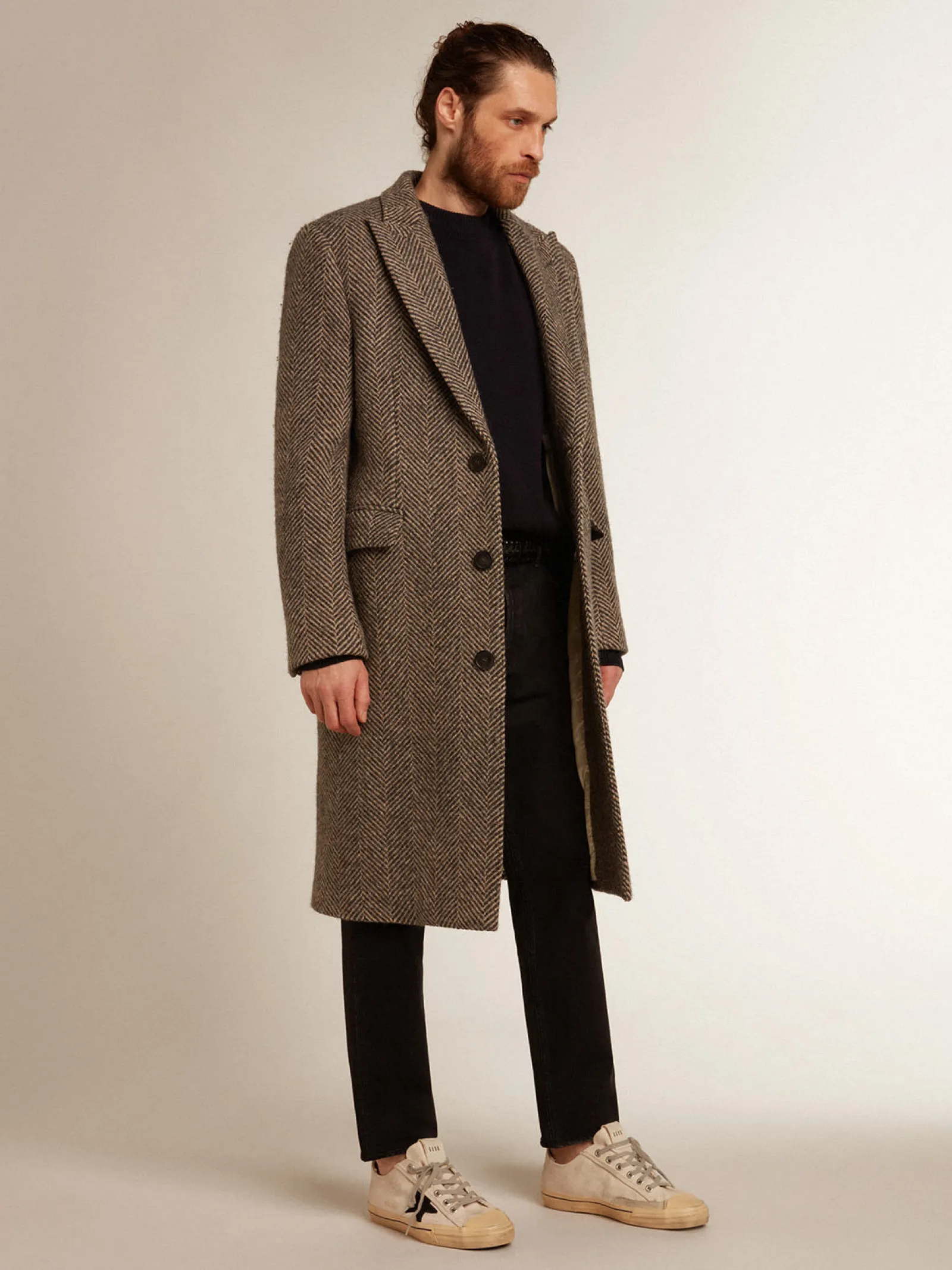 Sale Golden Goose Casaco masculino de abotoamento simples de lã com trama espinha de peixe bege e cinza Cor: bege e cinza antracite