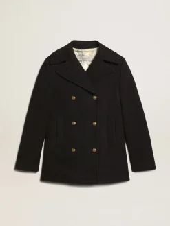 New Golden Goose Casaco peacoat feminino azul-escuro com botões heráldicos dourados Golden Collection