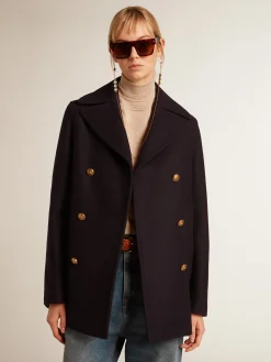 New Golden Goose Casaco peacoat feminino azul-escuro com botões heráldicos dourados Golden Collection