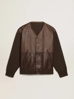 Clearance Golden Goose -colored leather and knit V-neck cardigan chocolate