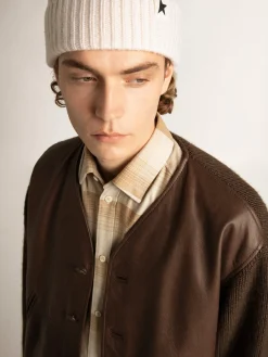 Clearance Golden Goose -colored leather and knit V-neck cardigan chocolate