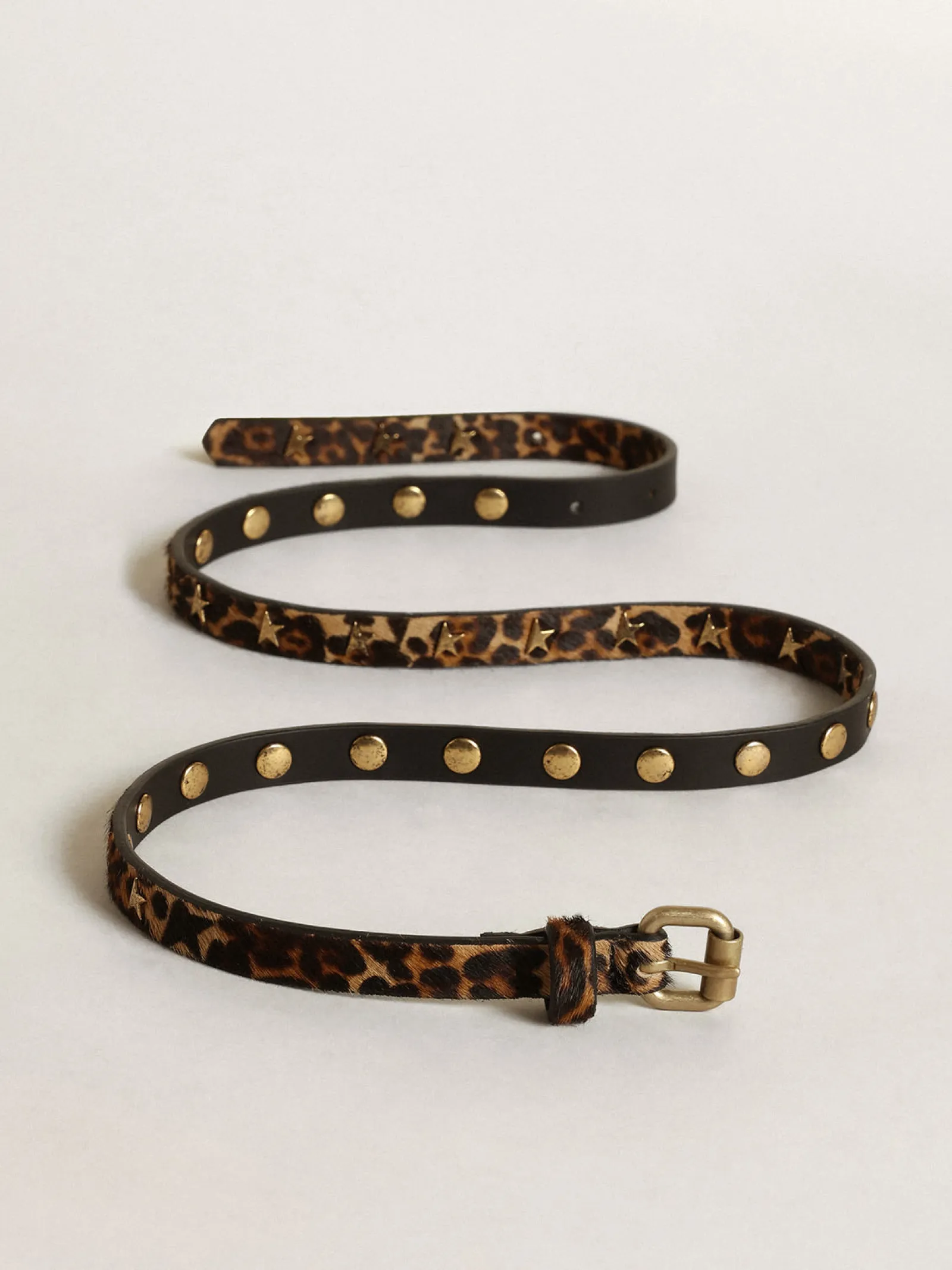 Cheap Golden Goose Cinto feminino de couro cavalinho leopardo preto e marrom com tachas Cor: preto e marrom